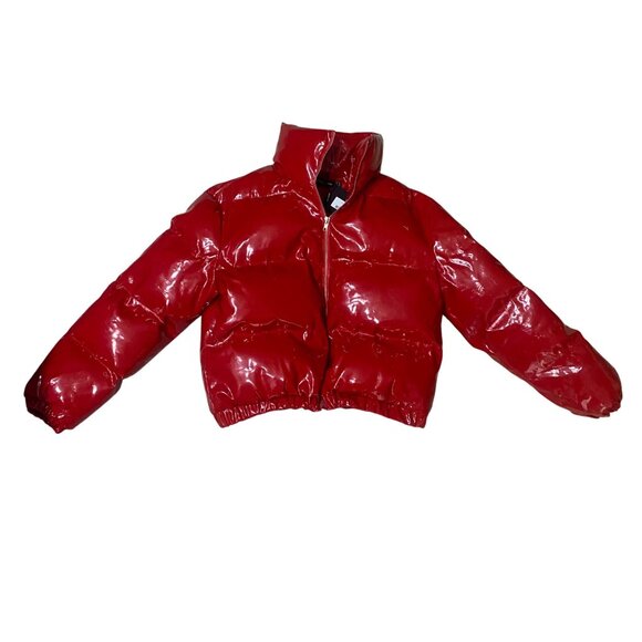 PrettyLittleThing Size M Red Glossy Quilted Puffer Jacket Cropped READ - Picture 6 of 16